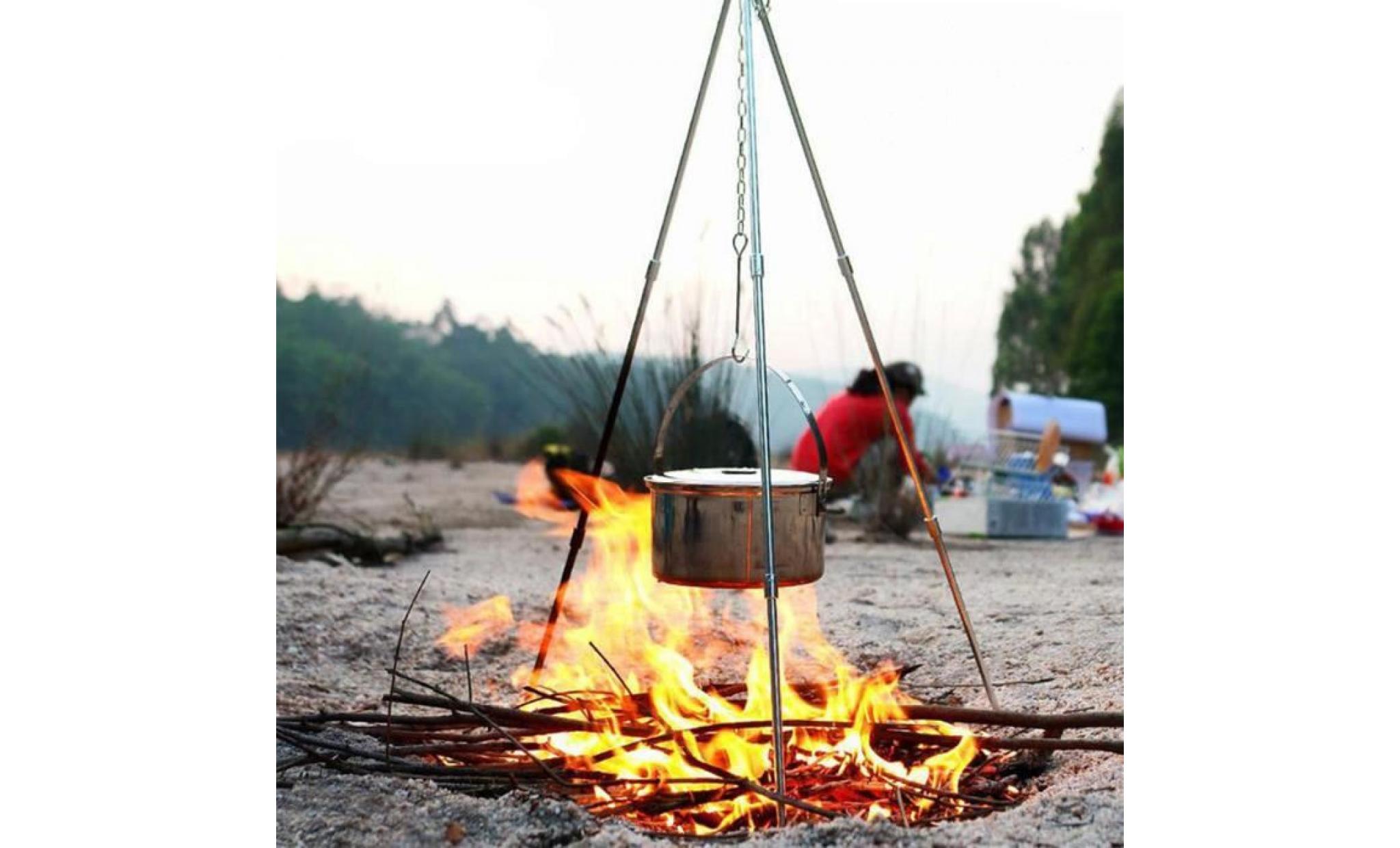 trépied pour feu de camp portable pliable réglable avec sac de transport chaine avec crochet pour cuisine laterne bouilloire camping