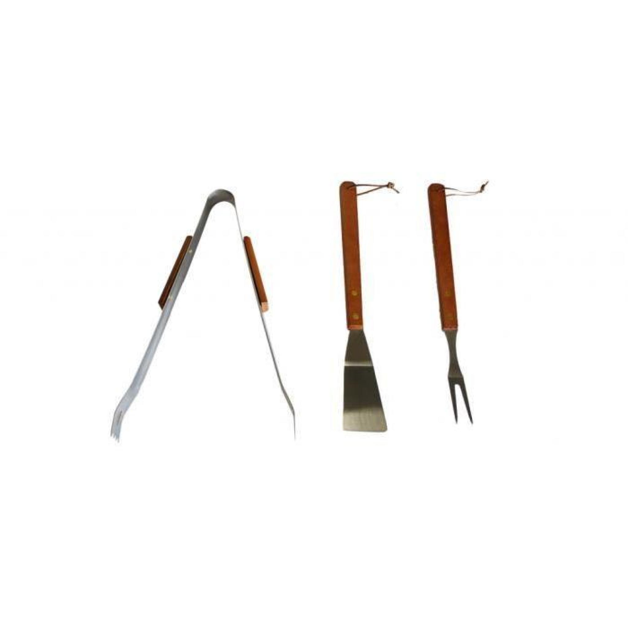 Un ensemble de 3 ustensiles en inoxydable: une pince, une fourchette et une spatule. Les pièces ont un manche en bois. Ces trois ...