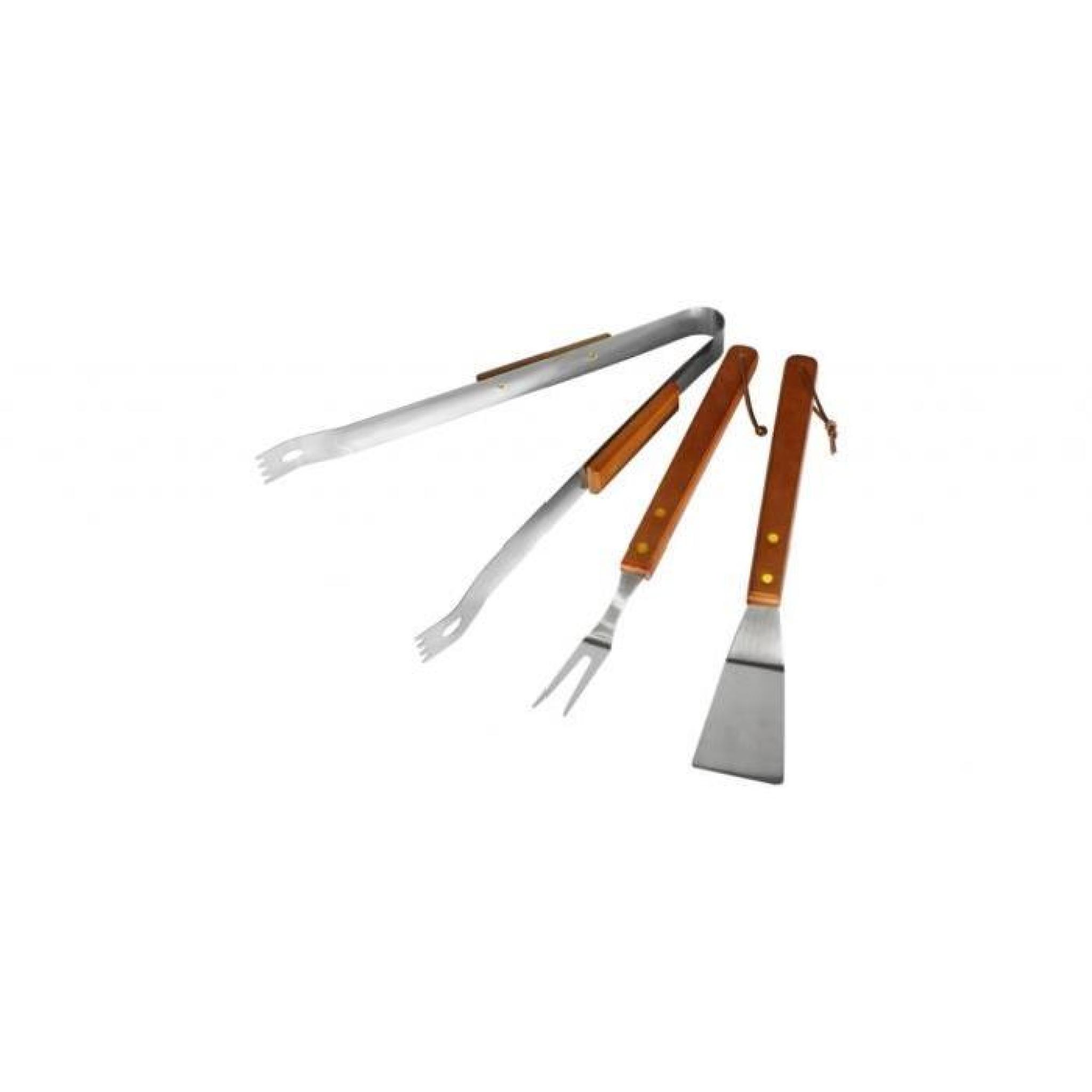 Un ensemble de 3 ustensiles en inoxydable: une pince, une fourchette et une spatule. Les pièces ont un manche en bois. Ces trois ... pas cher