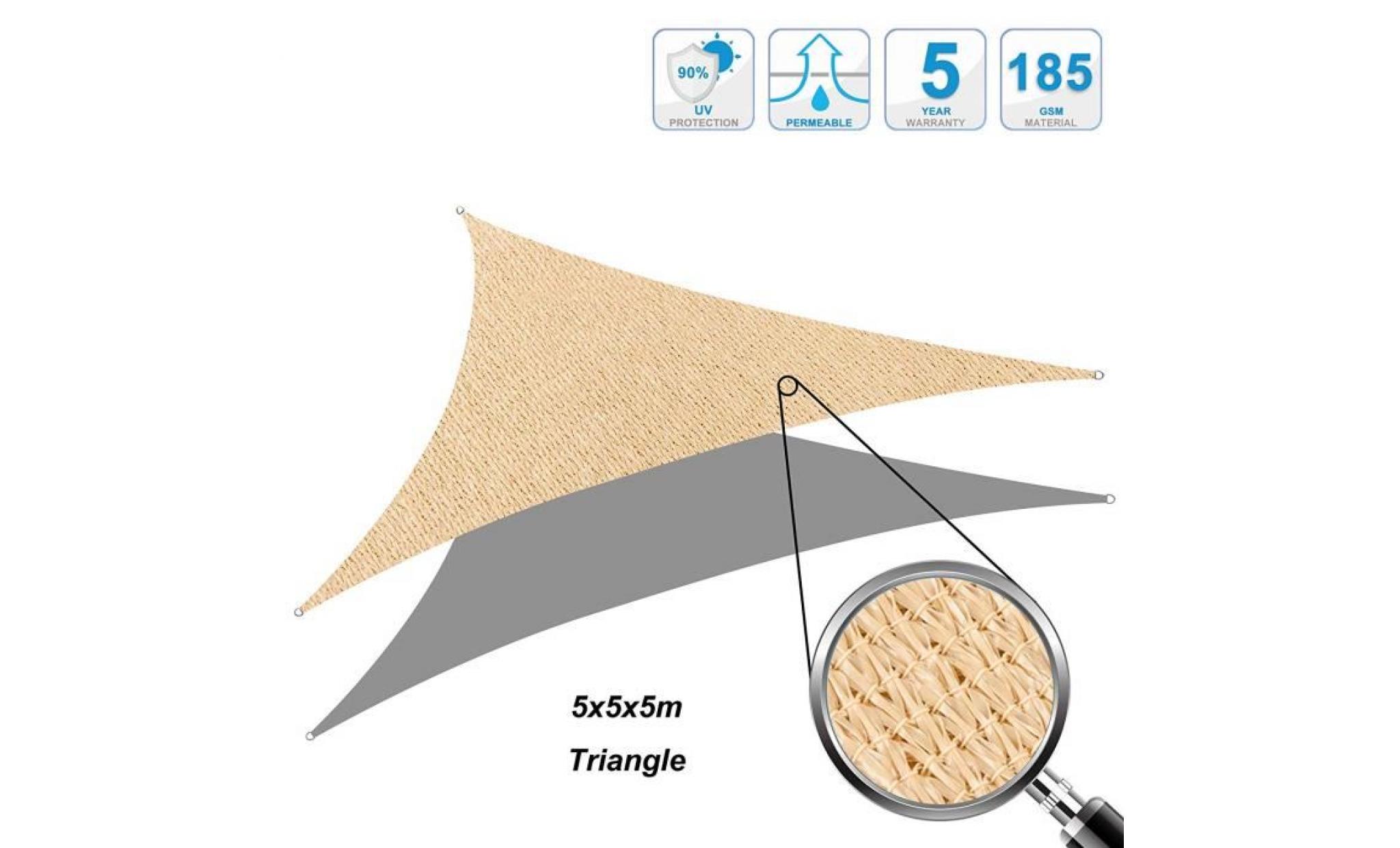 voile d'ombrage cool area   voile solaire triangulaire  5x5x5m   protection des rayons uv résistant et respirante   couleur sable